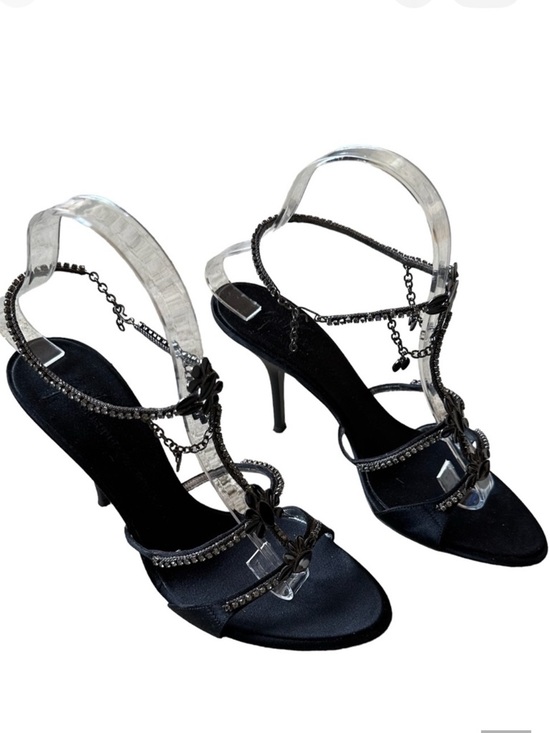 Giuseppe Zanotti Shoes - Giuseppe Zanotti Black Satin Rhinestone Enamel Anklet Heel Sandals IT 38.5 NIB